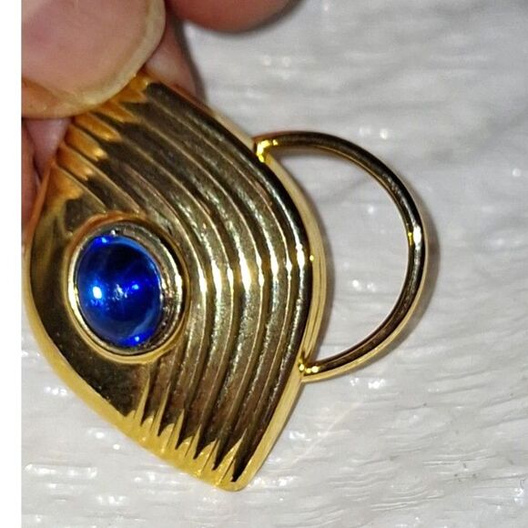 Art Deco Inspired Vintage Scarf Clip Gold Tone Blue Cabochon Grandmacore - Picture 4 of 8